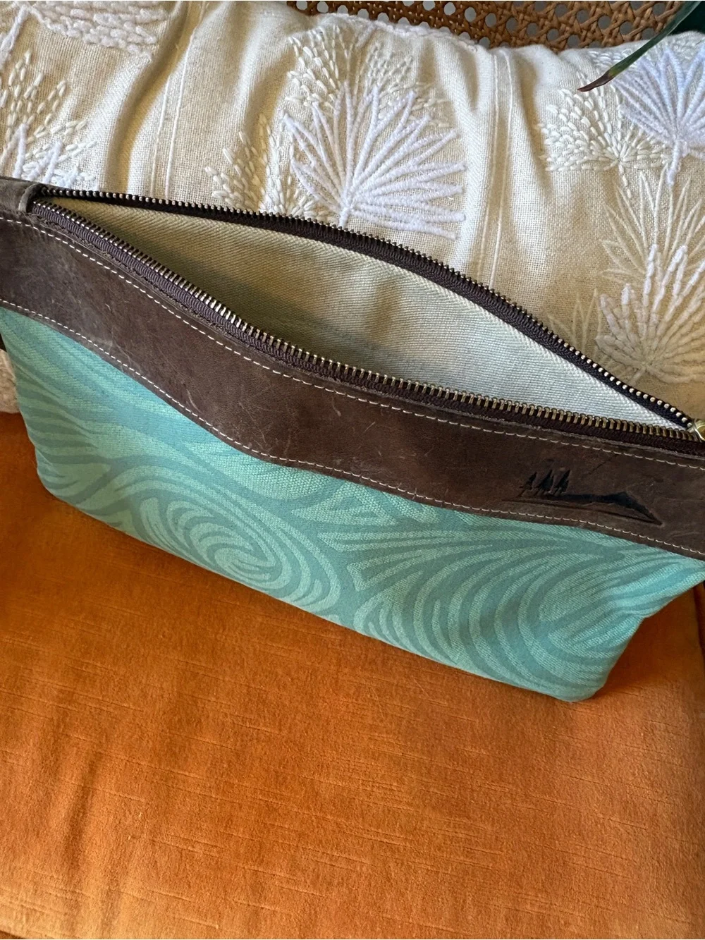 Woosah Co. Handmade Boutique Leather-Trim Teal Wave Canvas Bag Clutch